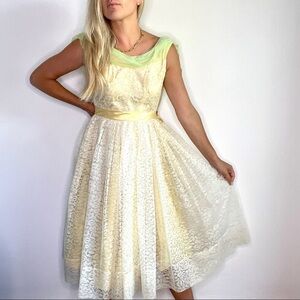 Vintage Yellow & White Full Lace Dress with Green Shoulders
